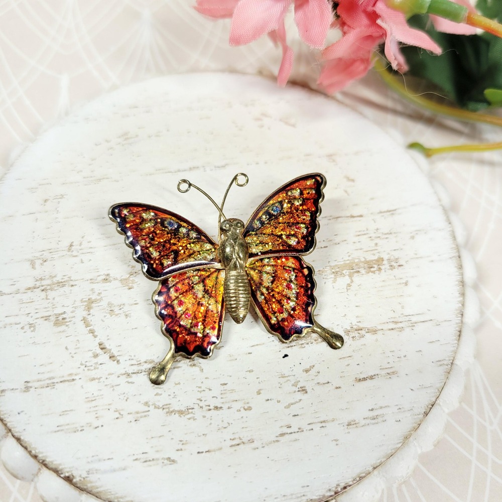 Vintage Taiwan Butterfly Pin Brooch Brass Enamel Signed Interpur Orange